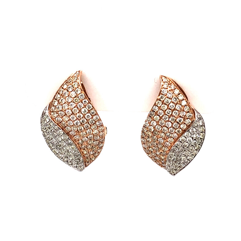 Lady s Ros and white 14 Karat Leaf Omega back Earrings With 216=0.80Tw Round Brilliant G I Diamonds  dwt: 2.6