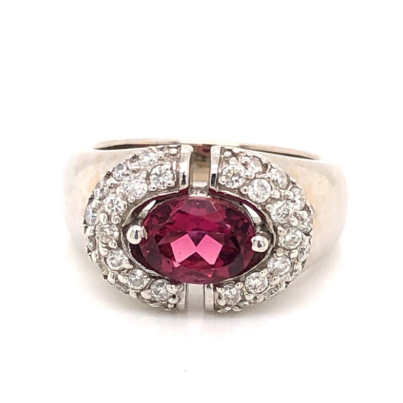 White 14 Karat Ring With One 1.50Ct Oval Rubelite and 30=0.65Tw Round Brilliant Cut G SI Diamonds