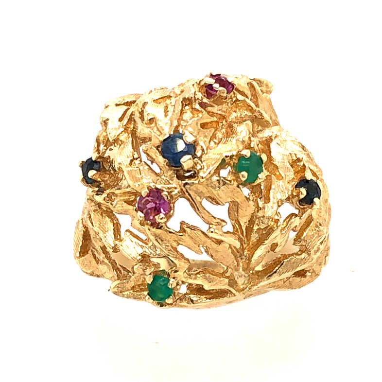 Lady s Yellow 14 Karat Fashion Ring Size 6.5  2=2.00mm Round Emeralds  3=2.00mm Round Sapphires  2=2.00mm Round Rubies  dwt: 6