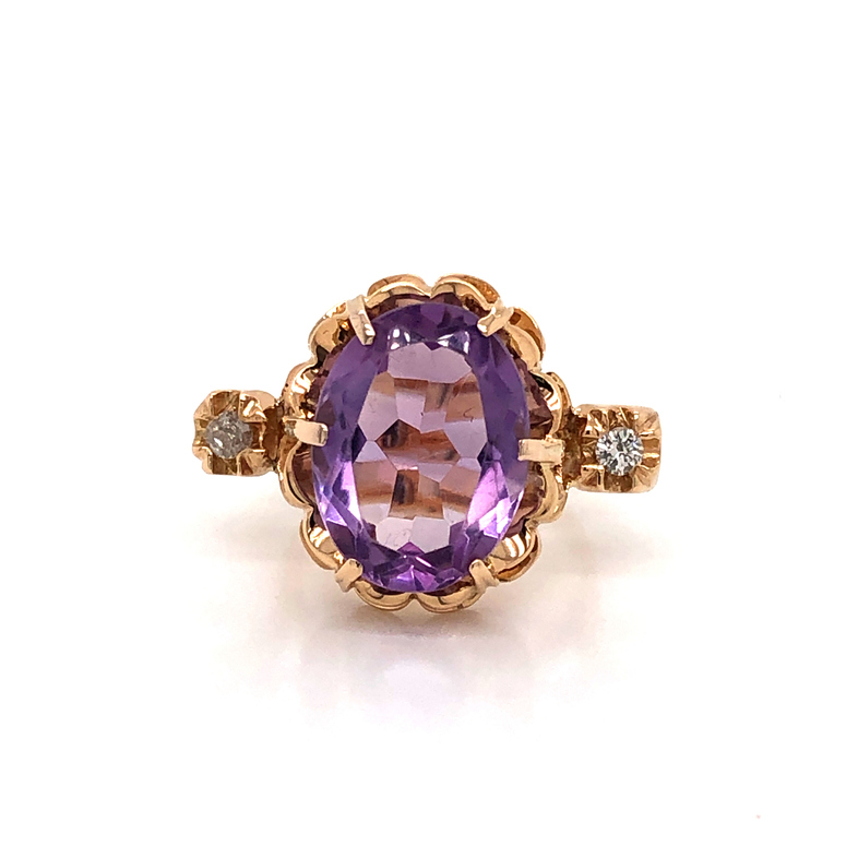 Lady s Ros 14 Karat Fashion Ring Size 6 With One 15.58X12.00mm Oval Amethyst And 2=2.70mm Round G I Diamonds  dwt: 5.5