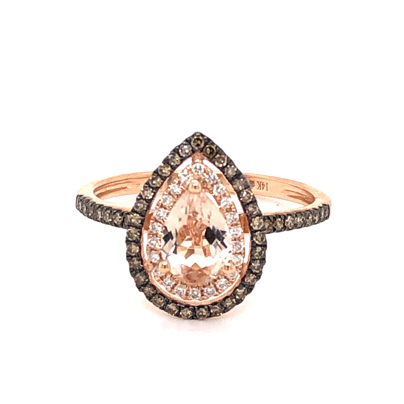 Lady s Ros 14 Karat Fashion Ring Size 7  one 0.55ct Pear Morganite  22=0.08tw Round Brilliant G SI Diamonds  47=0.20tw Single Cut Natural Fancy SI Cognac Diamonds  dwt: 1.5