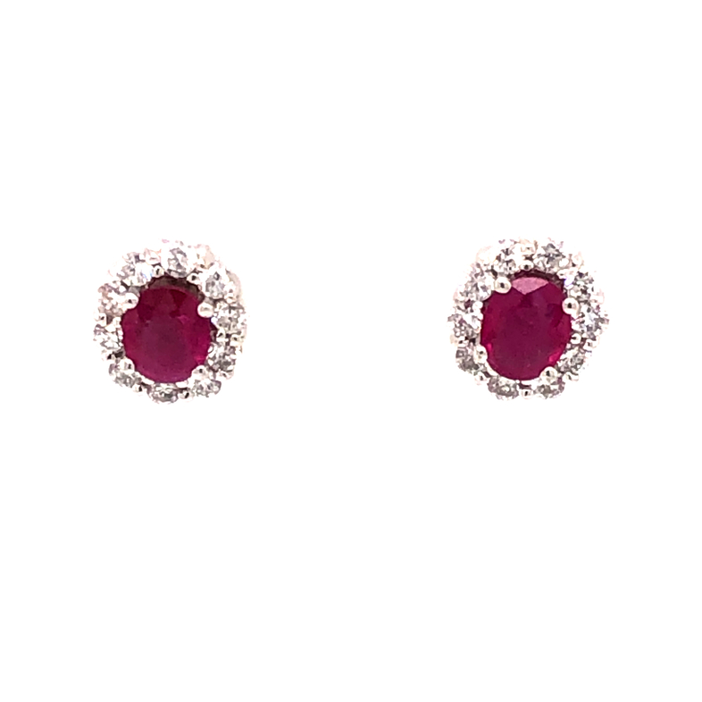 14 Karat White Gold Halo Earrings With 2=0.80TW Oval Rubies And 20=0.45CTW Round Brilliant G SI Diamonds