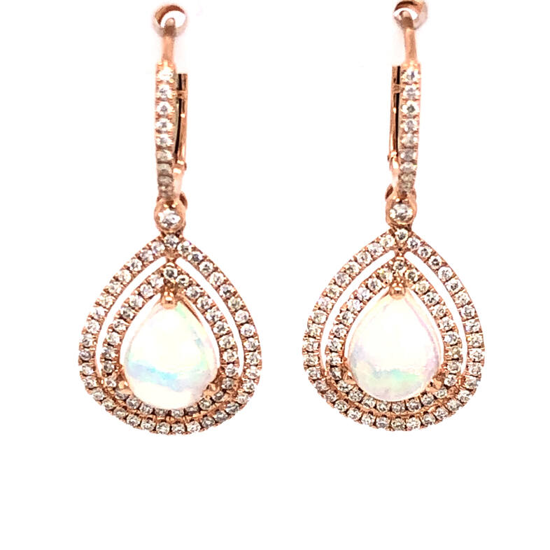 Lady s Ros 14 Karat Double Halo Drop Earrings With 2=2.40ctw Pear Opals And 152=0.85ctw Round Brilliant G SI Diamonds  dwt: 3