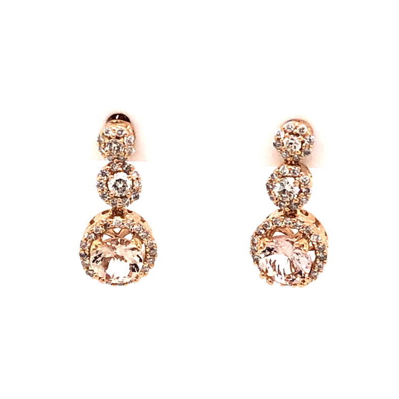 Lady s 14 karat rose gold earrings with two round morganites 0.76 carat total and 78 round brilliant diamonds set in halo and dropped from two clusters totaling 0.45 carat  H color  I clarity.