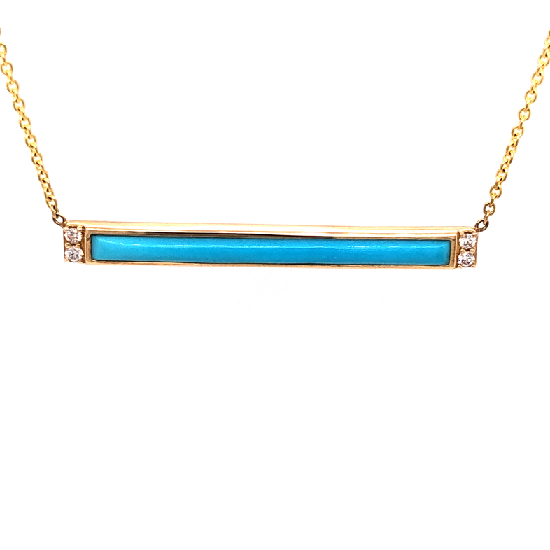 Lady s 14 karat yellow gold Turquoise bar inlay neckace with four round brilliant diamonds totaling 0.05 carat  G color  VS clarity attached to 14 karat yellow cable chain 18 inches in length with bar.