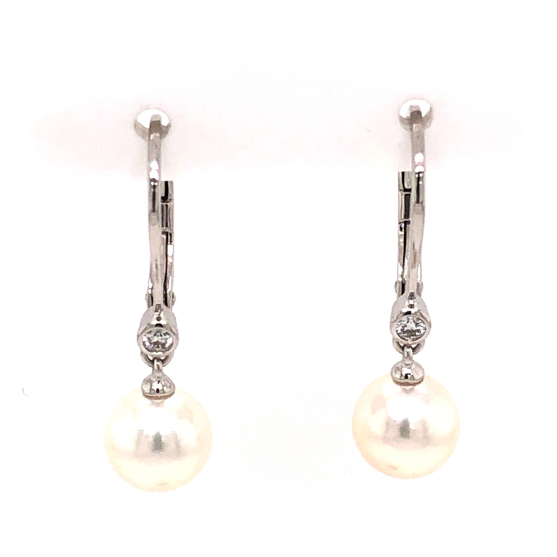Lady s White 18 Karat Drop Earrings With 2=7.00mm Cultured White Pearls And 2=0.06ctw Round Brilliant F VVS Diamonds
