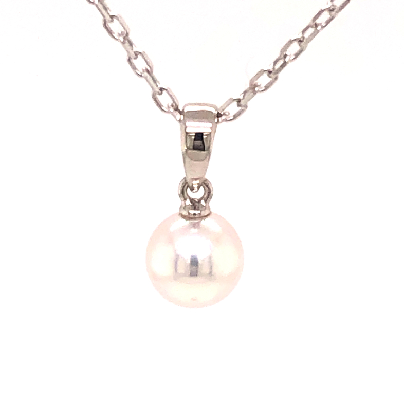 Lady s White 18 Karat Pendant With One 6.5-6 MM AA quality Mikimoto cultured pearl  18" chain.