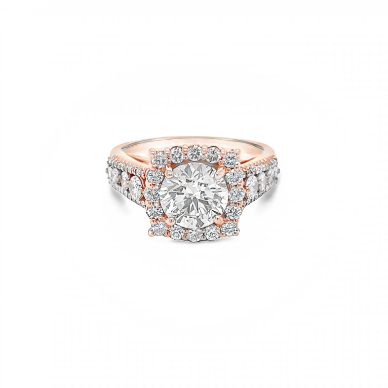 Rose 14 Karat Engagement Ring With One 1.72Ct Round Brilliant K Vs1 Diamond And 64=0.85Tw Round Brilliant G Vs Diamonds
