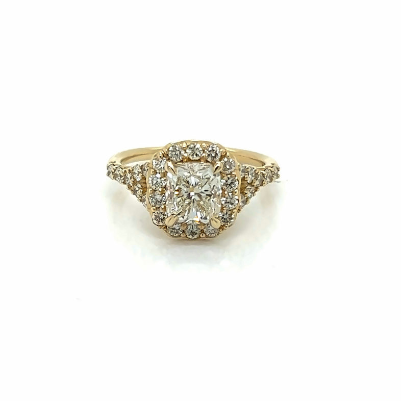 Yellow 14 Karat Engagement Ring With One 1.51Ct Cushion L Vs1 Diamond And 28=0.74Tw Round Brilliant G Vs Diamonds