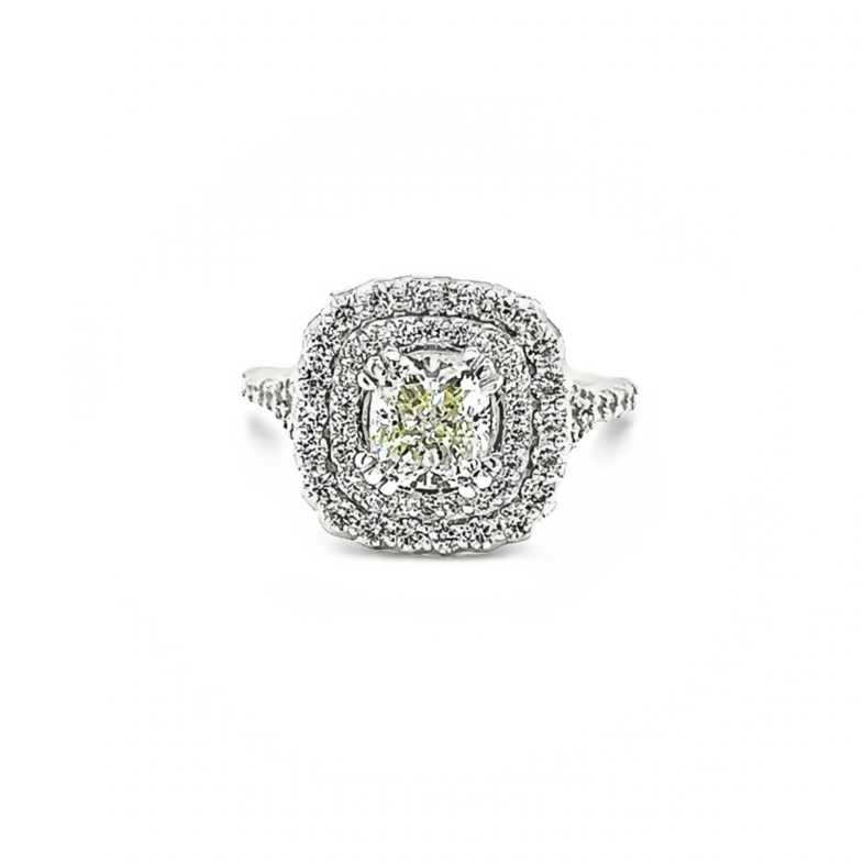 White 14 Karat Engagement Ring With One 1.50Ct Cushion L Si2 Diamond And 63=0.83Tw Round Brilliant G Vs Diamonds