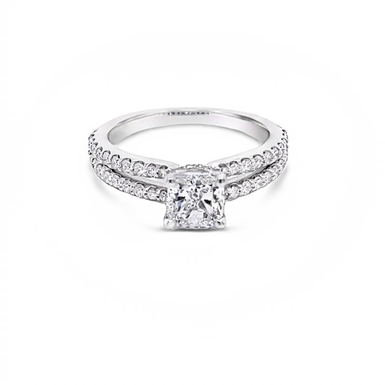 White 14 Karat Engagement Ring With One 1.00Ct Cushion E Vs1 Diamond And 48=0.68Tw Round Brilliant G Vs Diamonds