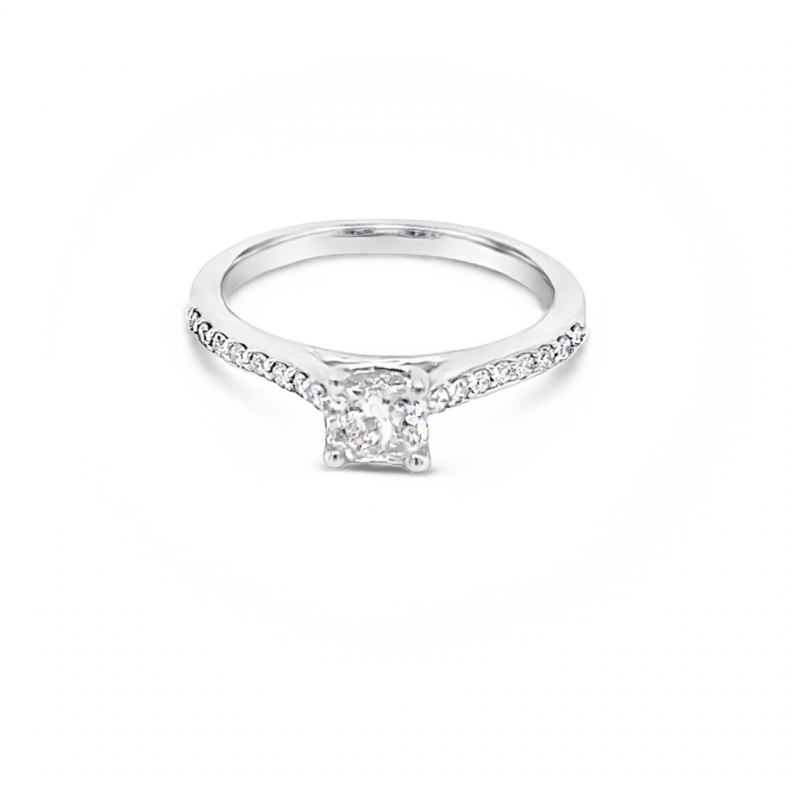 White 14 Karat Engagement Ring With One 0.56Ct Cushion H I2 Diamond And 16=0.16Tw Round Brilliant G Si1 Diamonds
