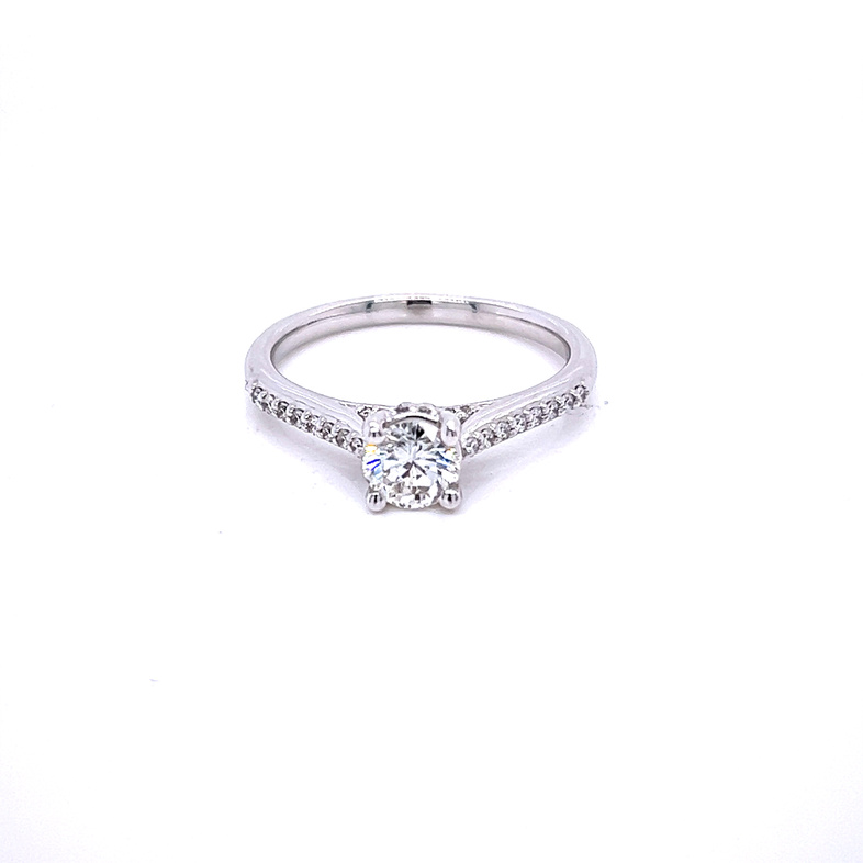 White 14 Karat Engagement Ring With One 0.56Ct Round Brilliant H Vs1 Diamond And 28= Round Brilliant G Si Diamonds