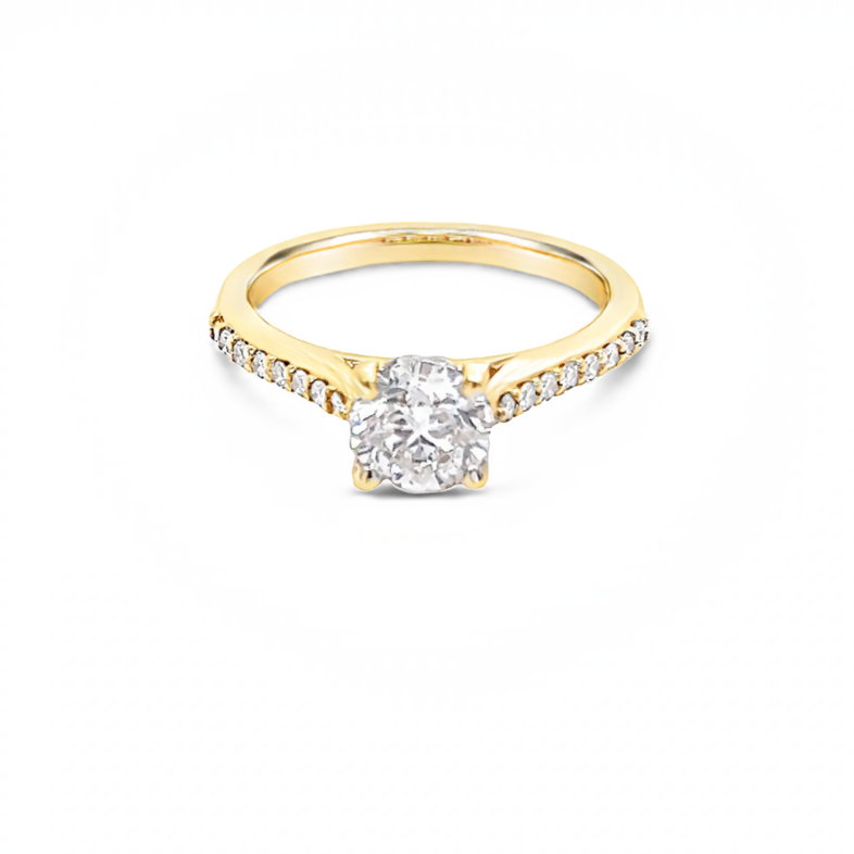 Yellow 14 Karat Engagement Ring With One 1.01Ct Round Brilliant J I2 Diamond And 16=0.16Tw Round Brilliant G I Diamonds