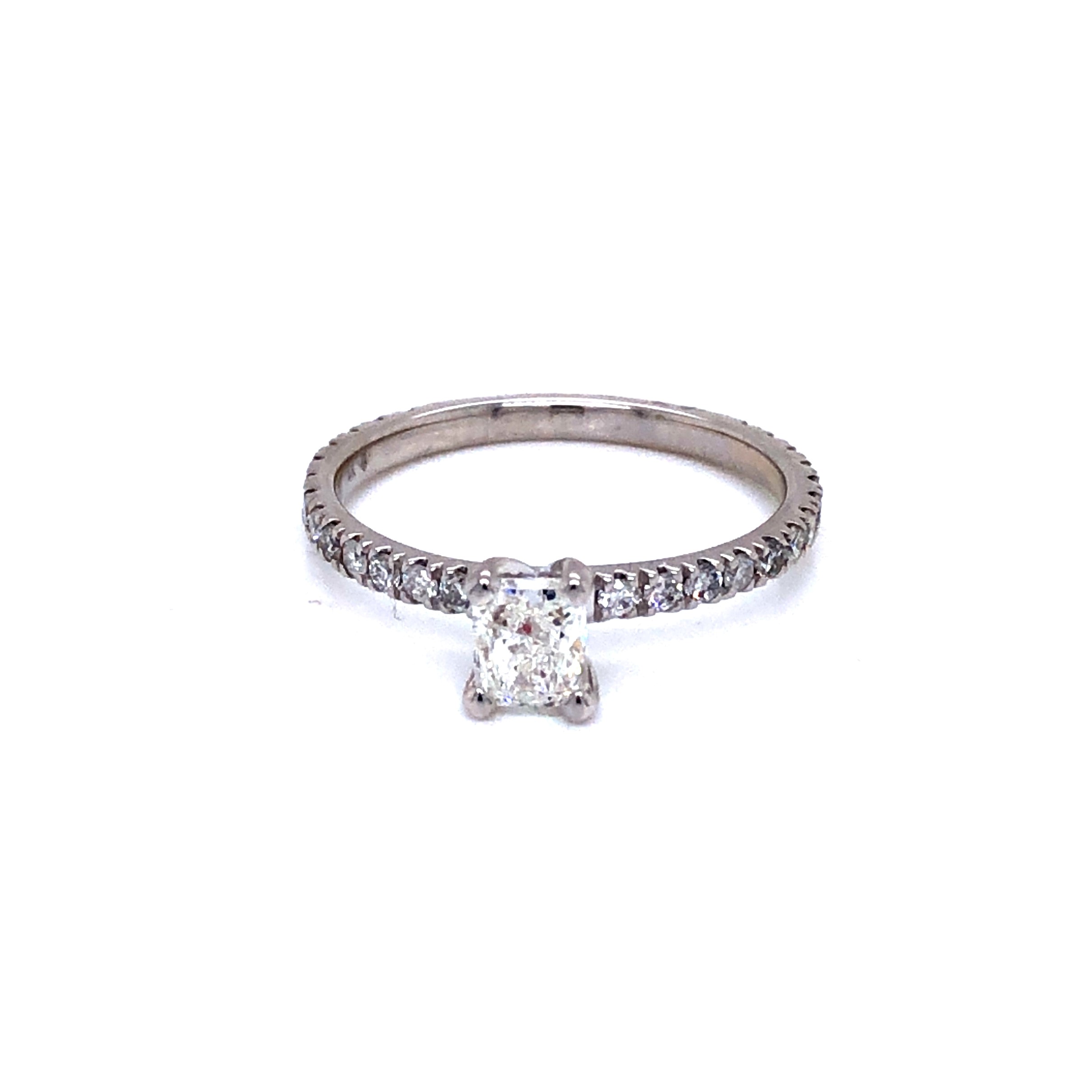 Ladies White 14 Karat Engagement Ring Size 6.5 With One 0.50Ct Radiant F VS1 Diamond And 26=0.37Tw Round Brilliant F VS1 Diamonds  dwt: 1.2