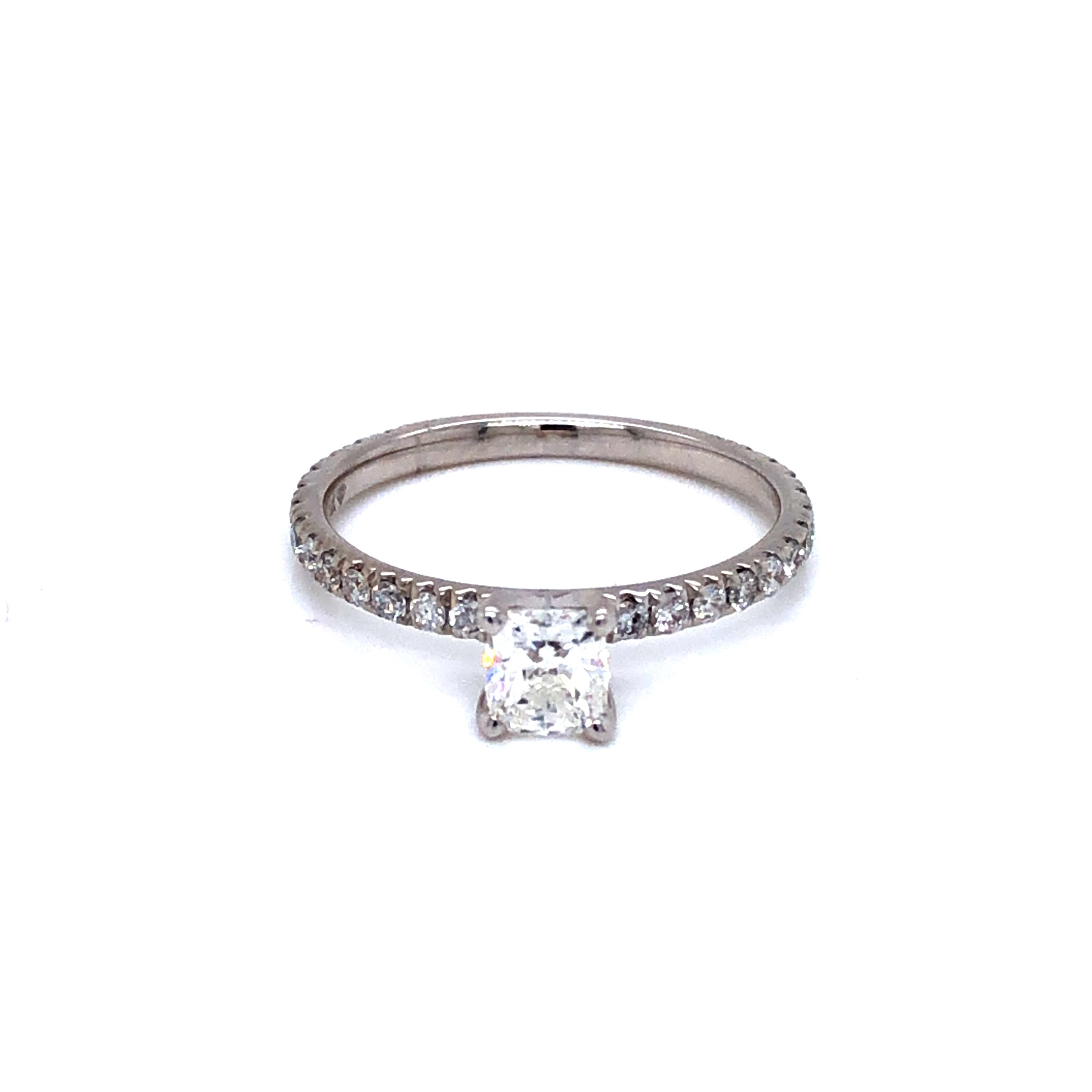 Ladies White 14 Karat Engagement Ring With One 0.53Ct Cushion F SI2 Diamond And 26=0.38Tw Round Brilliant G SI Diamonds  dwt: 1.2