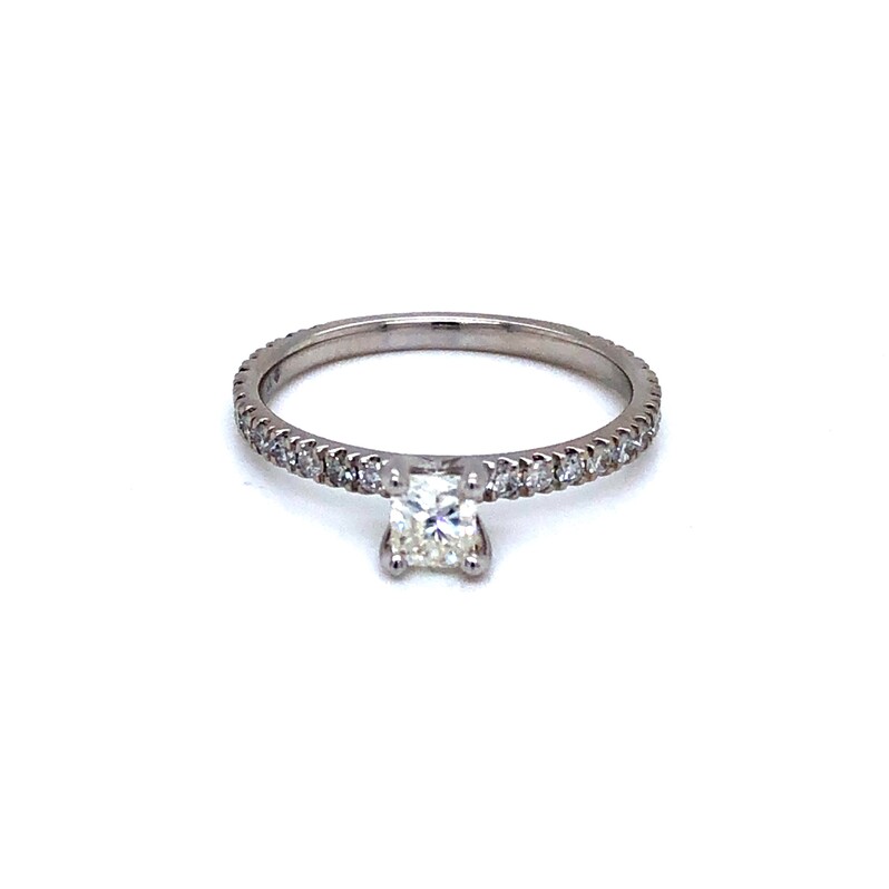 Ladies 14 Karat White Gold Engagement Ring With One 0.45CT Cushion G SI2 Diamond And 26=0.43TW Round Brilliant G SI Diamonds