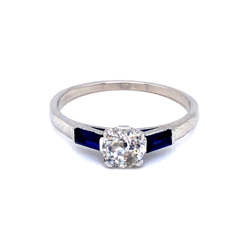 Ladies Platinum Engagement Ring With One 0.60Ct Old European Cut M I2 Diamond And Two Blue Bagutte Sapphires