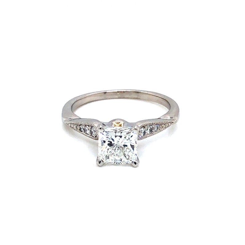 Lady s Platinum Engagement Ring With One 1.31Ct Radiant G SI1 Diamond And 6=0.07Tw Round Brilliant G VS Diamonds  dwt: 3.24