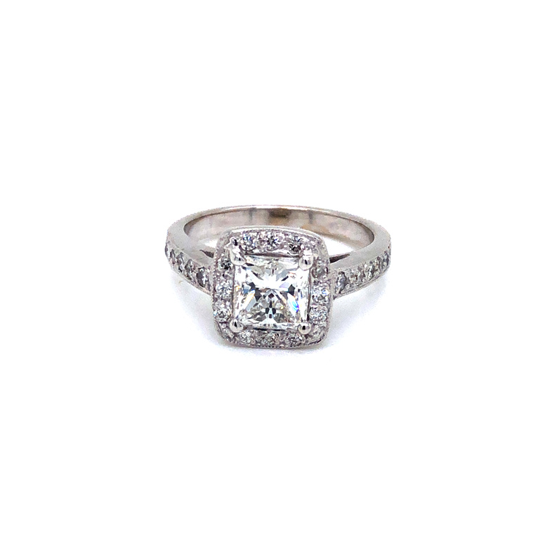 Ladies White 18 Karat Ring With One 1.75Ct Princess J Si1 Diamond And 24=0.50Tw Round Brilliant G Vs Diamonds