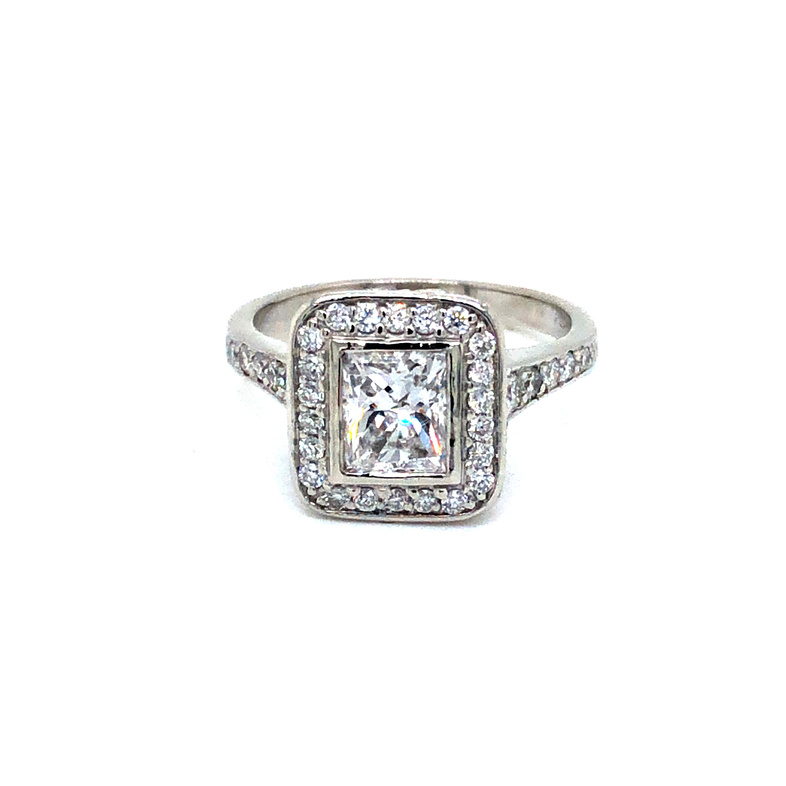 Ladies Platinum Ring With One 1.00Ct Princess G VS2 Diamond And 56=0.75Tw Round Brilliant G VS Diamonds