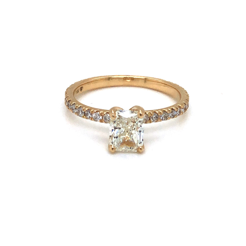 14 Karat Yellow Gold Engagement Ring With 26=0.35TW Round Brilliant G  SI Diamonds And One 1.01CT Retangular Cushion J  I1 Diamond
