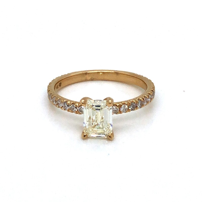 14 Karat Yellow Gold Engagement Ring With 26=0.35TW Round Brilliant G  SI Diamonds And One 1.02CT Emerald J  VS1 Diamond