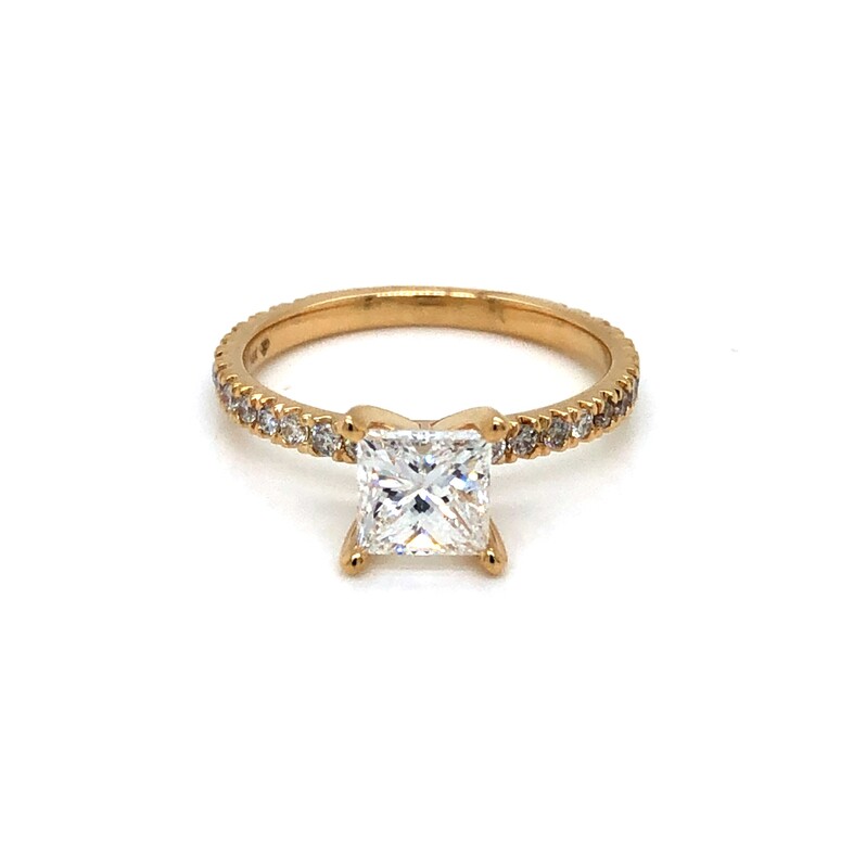 14 Karat Yellow Gold Engagement Ring With 26=0.36TW Round Brilliant G  SI Diamonds And One 1.00CT Princess I  SI1 Diamond