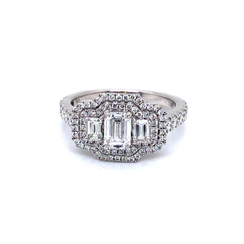 Ladies 14 karat white gold Diamond Engagement ring with center 0.54 carat Emerald cut Diamond and 0.77 carat accent Diamonds  G color  VS clarity