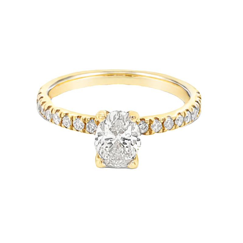 Ladies Yellow 14 Karat Shared Prong Engagement Ring With One 0.71Ct Oval H I1 Diamond And 26=0.38Tw Round Brilliant G Si Diamonds