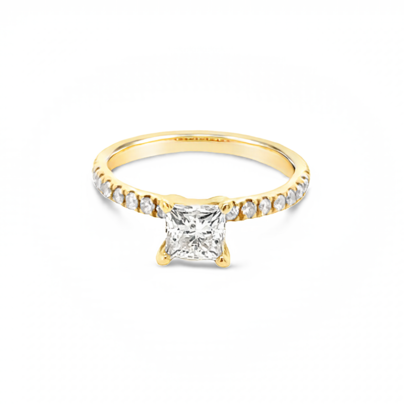 Ladies Yellow 14 Karat Shared Prong Engagement Ring Size 6.5 With One 0.82Ct Princess I Si2 Diamond And One 0.38Ct Round Brilliant G Si Diamond