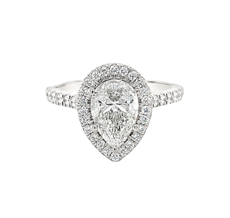 Ladies Platinum Micropave Halo Engagement Ring With One 1.50CT Pear I SI2 Diamond And 46=0.43TW Round Brilliant I SI2 Diamonds GIA 1403297699