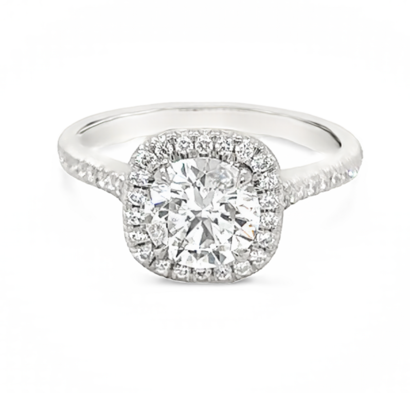 Ladies Platinum Halo Engagement Ring With One 1.30Ct Round Brilliant G Si2 Diamond And 50=0.29TW Round Brilliant G VS Diamonds GIA 7298174493