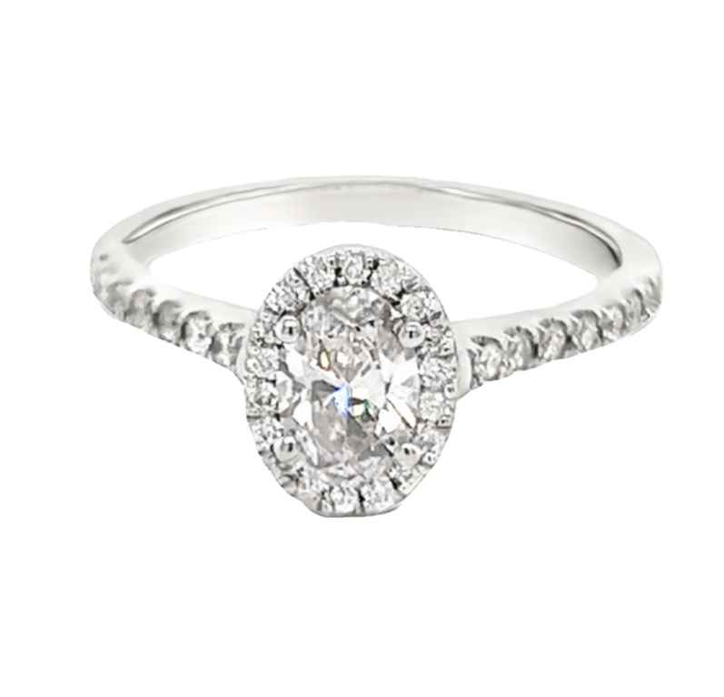 Ladies White 14 Karat Engagement Ring With One 0.50Ct Oval K SI2 Diamond And 32=0.20Tw Round Brilliant G VS Diamonds