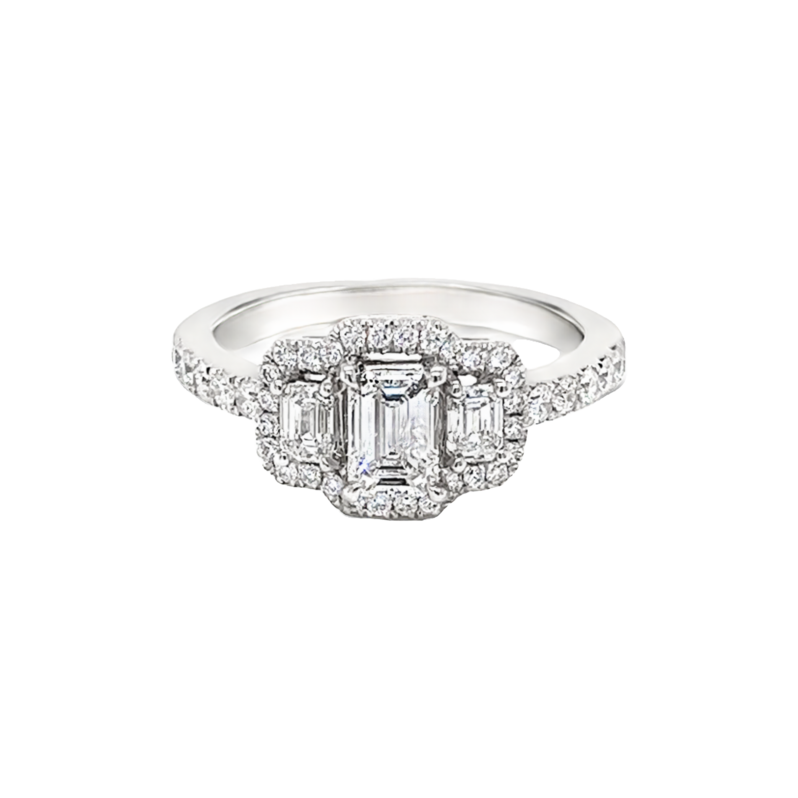 Lady s White 14 Karat Engagement Ring With One 0.55Ct Emerald H VS1 Diamond And 40=0.64Tw Round G VS Diamonds