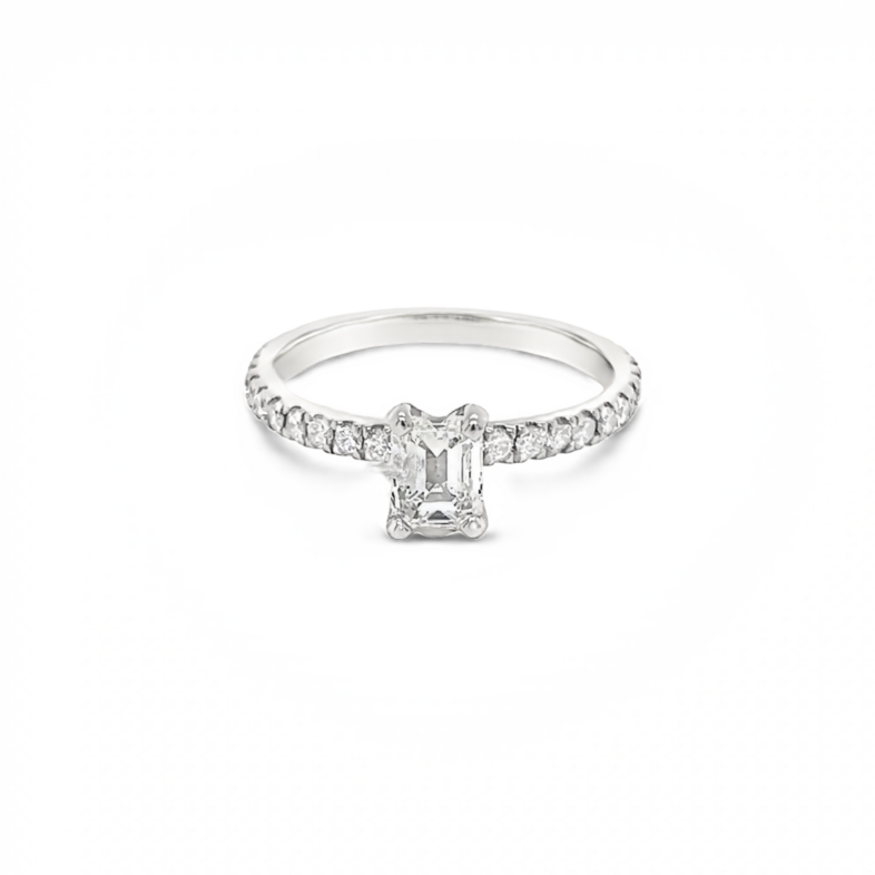 Lady s White 14 Karat Ring  One 0.70ct Emerald G SI1 Diamond &  26=0.43tw Round Brilliant G SI Diamonds