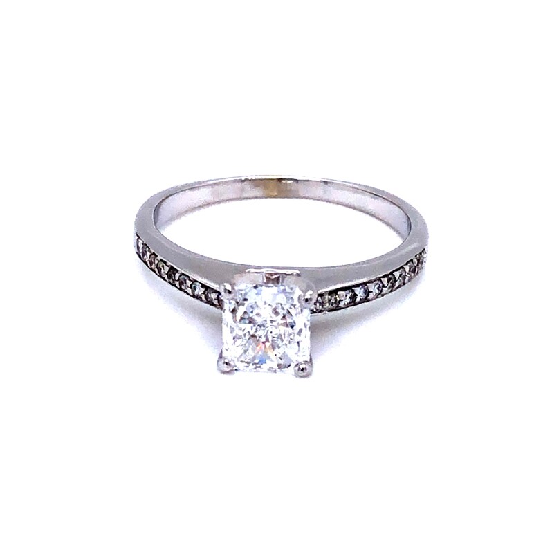 Lady s 14 karat white gold engagement ring finger size 6.5 with Radiant cut diamond center 0.70 carat  D color  VVS2 in clarity.  The center diamond has a GIA report.  There are 18 round brilliant diamond accent stones set in ring going down the sides of