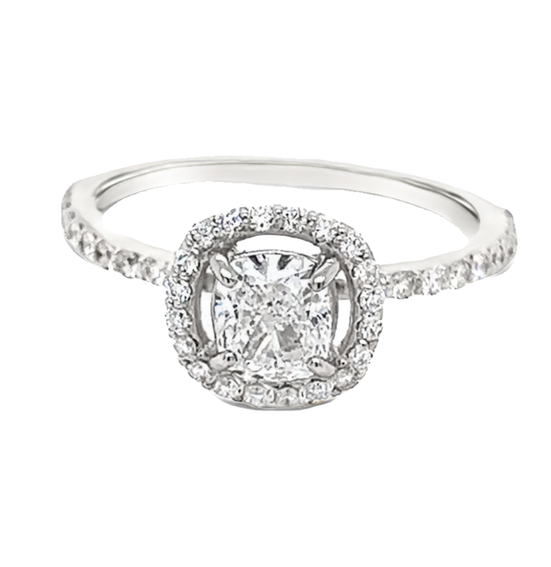 Ladies Engagement Ring With One 0.70Ct Cushion D VVS2 Diamond And 32= Round Brilliant G VS Diamonds