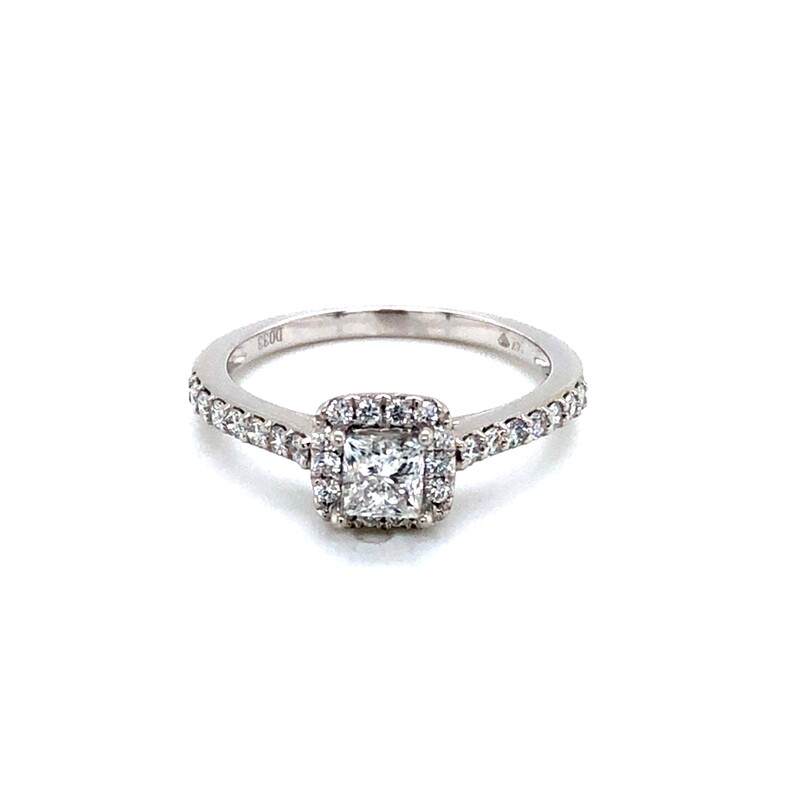 Lady s 14 Karat White Gold Engagement Ring With One 0.35Ct Princess G VS1 Diamond And 30=0.33Tw Round Brilliant G SI Diamonds  dwt: 1.4