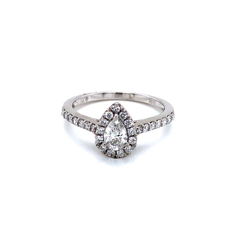 14 Karat White Gold Halo Engagement Ring With One 0.38CT Pear F  I1 Diamond And 28=0.34TW Round Brilliant G  SI Diamonds