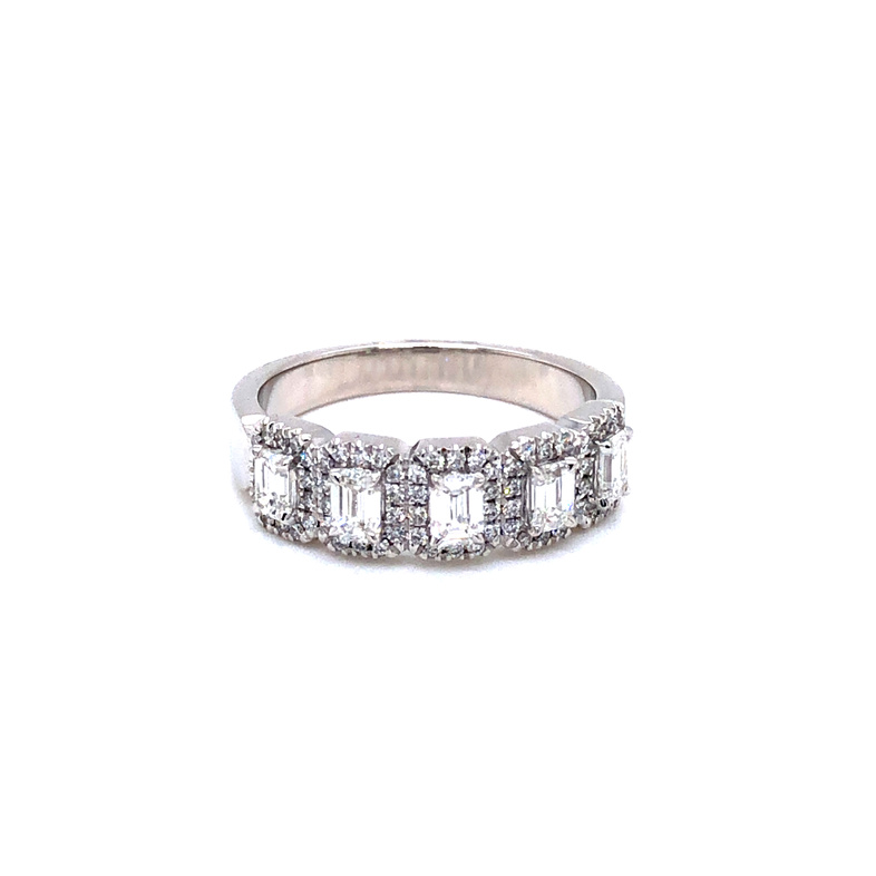 14 karat white gold Diamond band with Asscher cut Diamonds in halos  1.06 carat total weight  G color  VS clarity