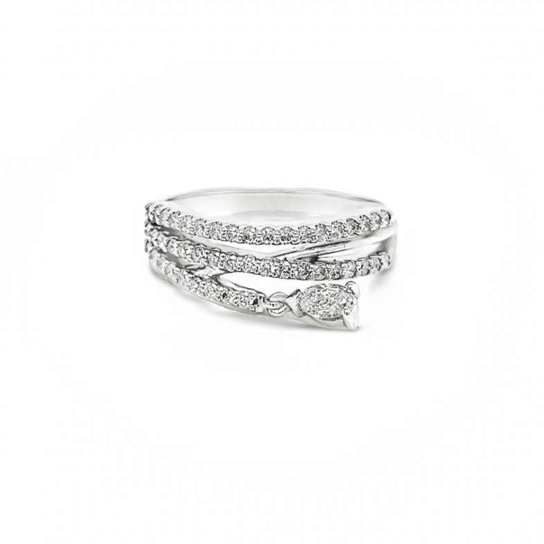 White 14 Karat Contemporary Fashion Ring with One 0.18ct Pear G I Diamond and  45=0.37tw Round Brilliant G I Diamonds