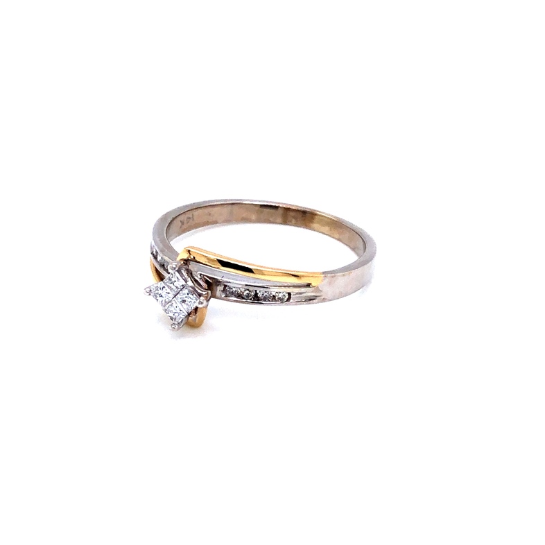 Yellow and White 14 Karat Cluster Fashion Ring With 4=0.10Tw Princess G Vs Diamonds And 8=0.10Tw Round Brilliant G SI Diamonds