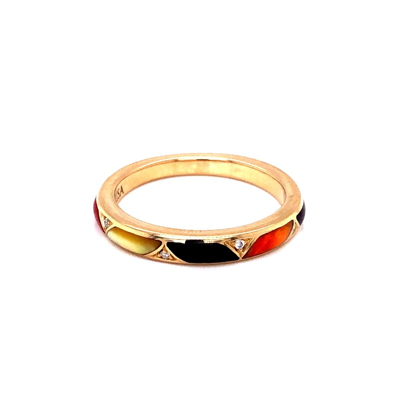 14 Karat Yellow Gold Ring with Four Round Brilliant Diamonds and Mixed Spiny Oyster Inlay.