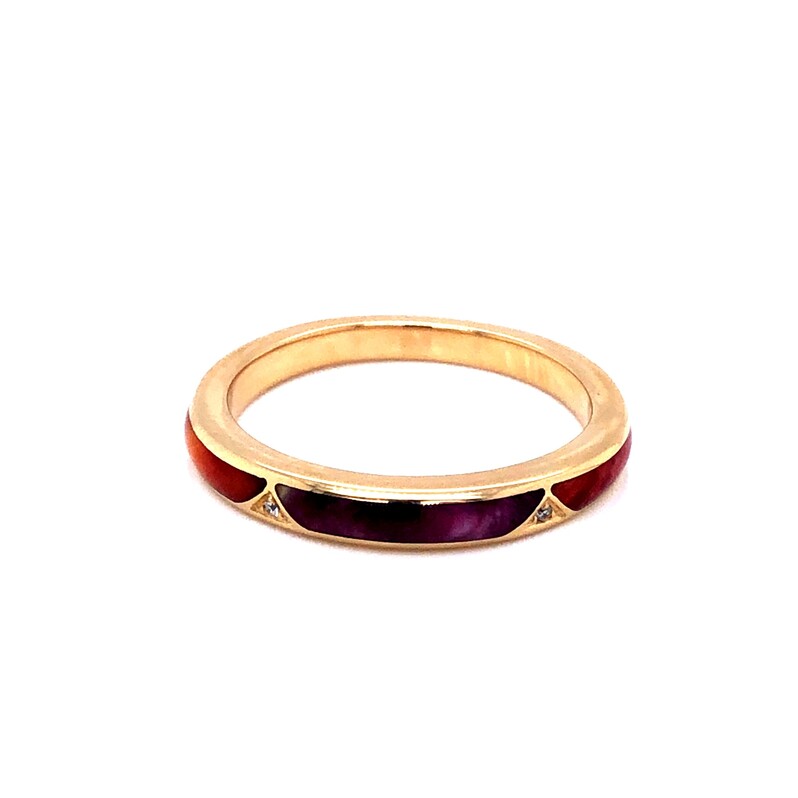 14 Karat Yellow Gold Ring with Two Round Brilliant Diamonds and Mixed Spiny Inlay.