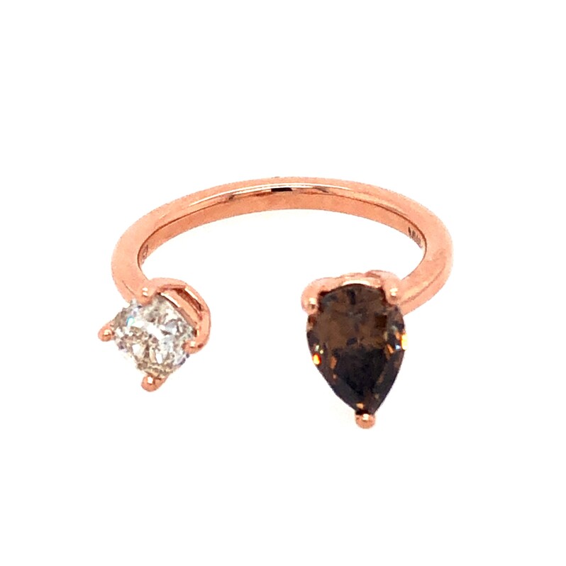 14 Karat Rose Gold Open Ring With One 1.00CT Pear Natural Fancy SI1 Chocolate Diamond And One 0.50CT Cushion G SI1 Diamond