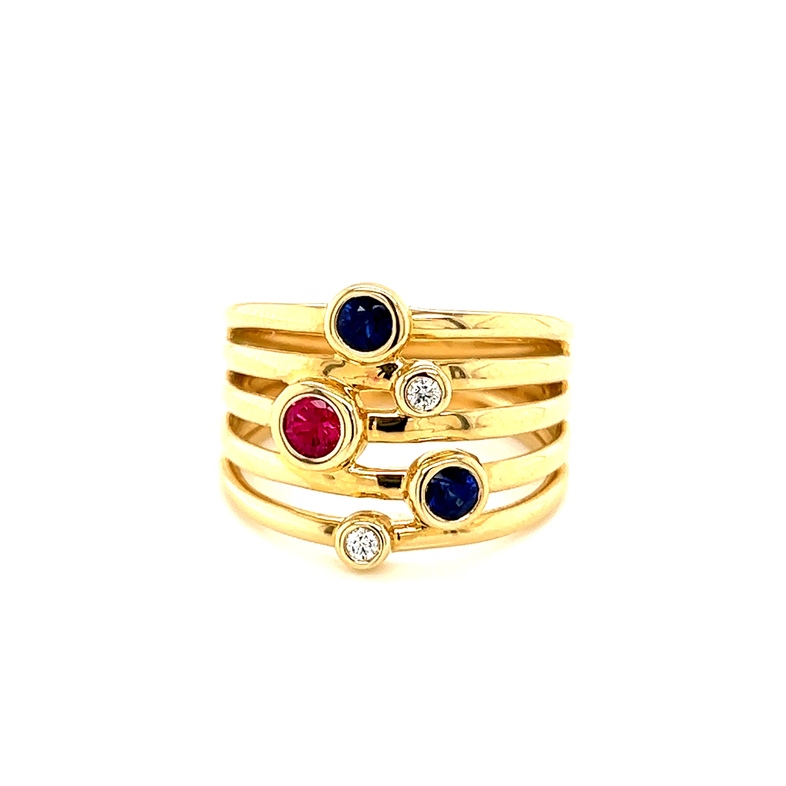 Lady s Yellow 14 Karat Fashion Ring With 2=0.04TW Round Brilliant G VS Diamonds  2=0.28TW Round Sapphires And 1= 0.19 TW Round Ruby