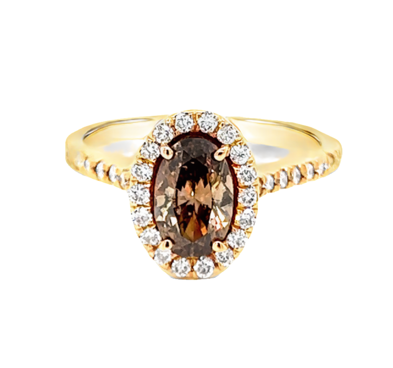 14 Karat Rose Gold Halo Ring With 36=0.33TW Round Brilliant G SI Diamonds And One 0.97CT Oval SI Cognac Diamond