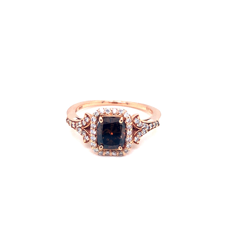 14 Karat Rose Gold Halo Ring With 43=0.40TW Round Brilliant G SI Diamonds And One 1.00CT Retangular Cushion SI Cognac Diamond