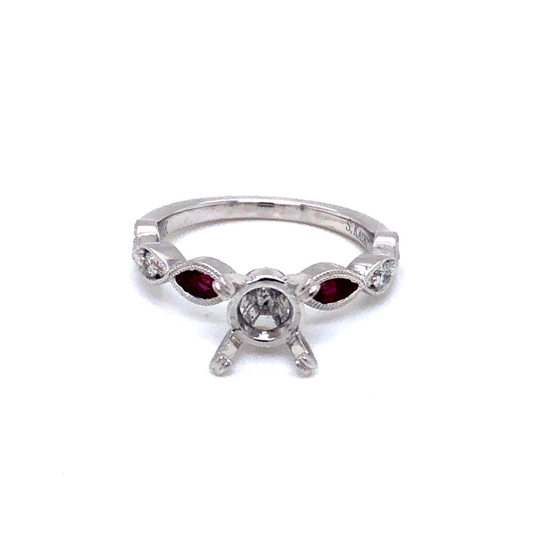 14 Karat White Gold Semi Mount Ring With 2=0.06TW Round Brilliant G VS Diamonds And 4=0.49TW Marquise Rubies